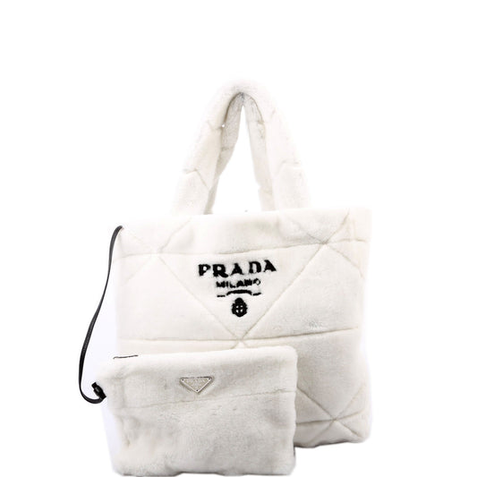 Prada Shearling Triangle Tote Bag Black White