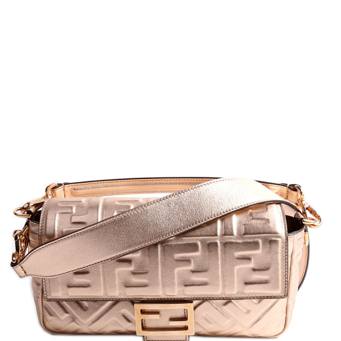 Fendi 8Br600Uette Ff Metallic Nappa Rose Bag Gold Embossed Travel Bag