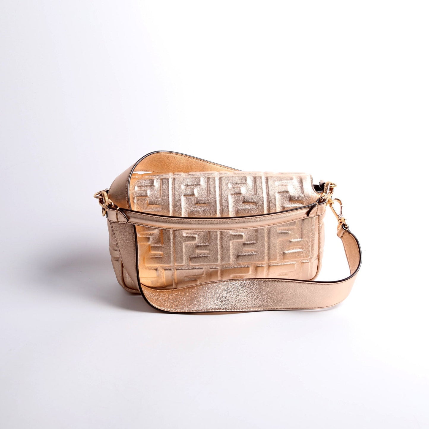 Fendi 8Br600Uette Ff Metallic Nappa Rose Bag Gold Embossed Travel Bag