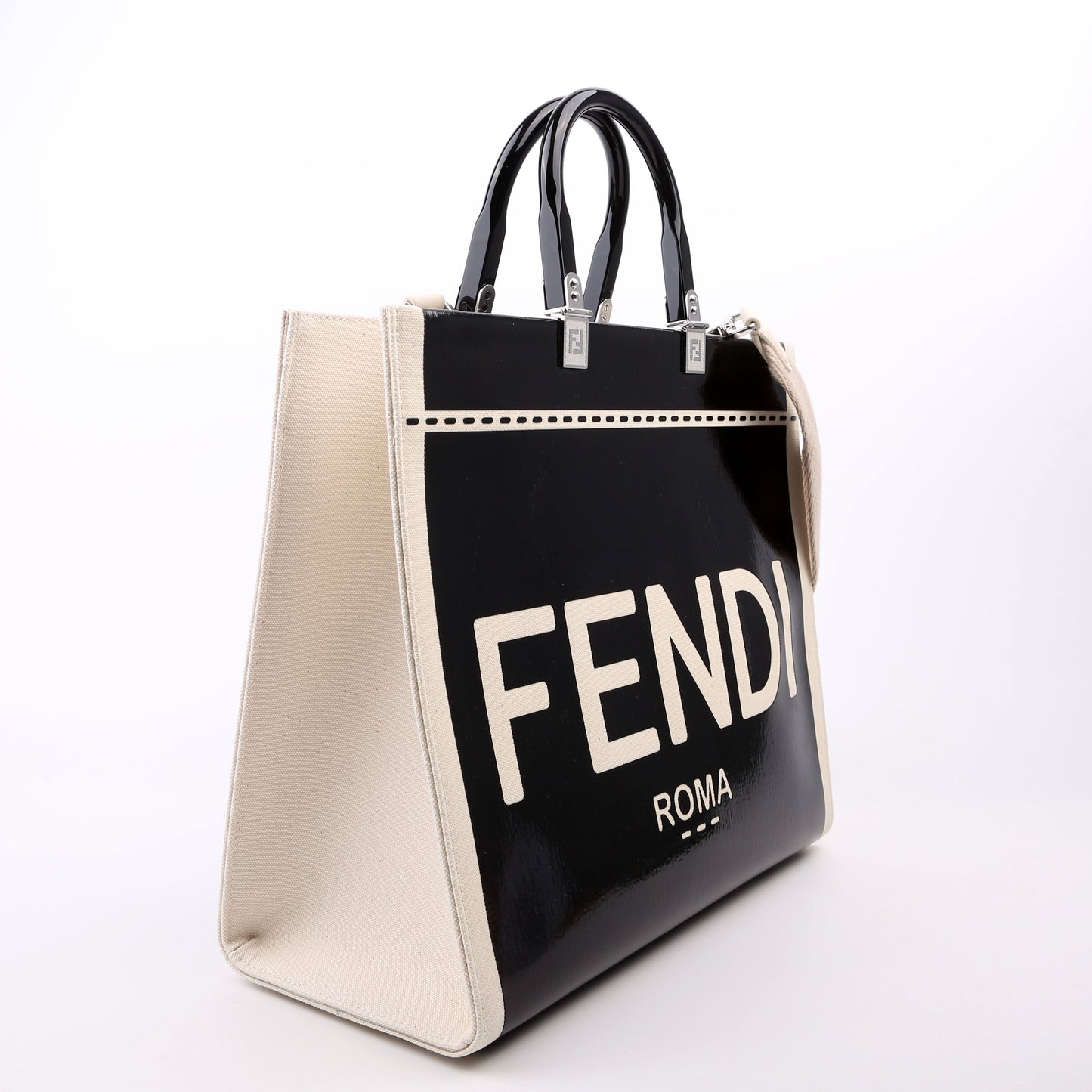 Fendi Sunshine Shopper Vinyl Bag Canvas Patent Black Travel Bag