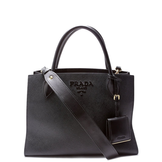 Prada Saffiano Cuir Monochrome Top Handle Tote Bag Black