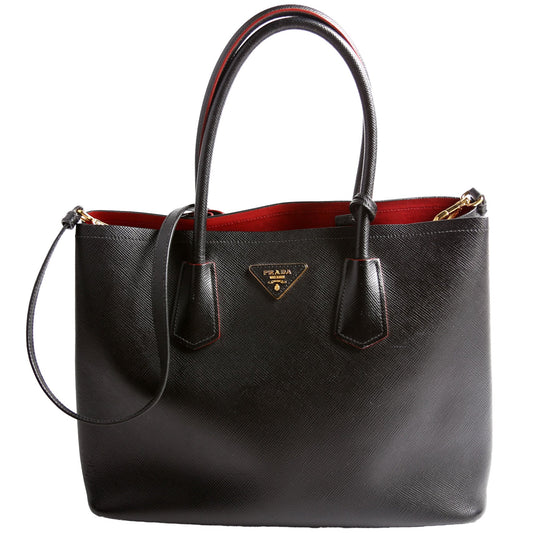Prada Saffiano Cuir Double Tote Bag Black Medium