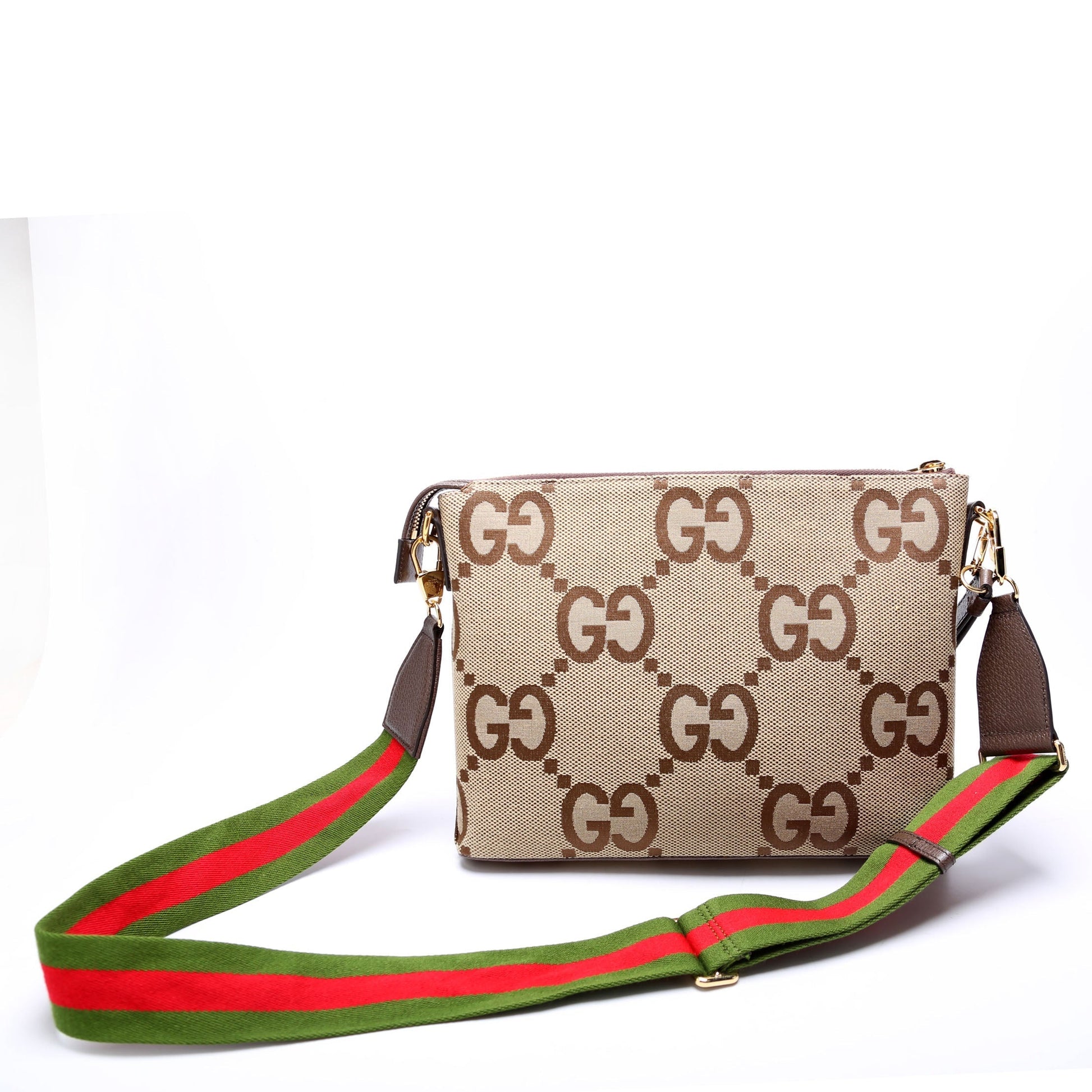 Gucci Jumbo GG Messenger Brown Red Green Gold Travel Bag