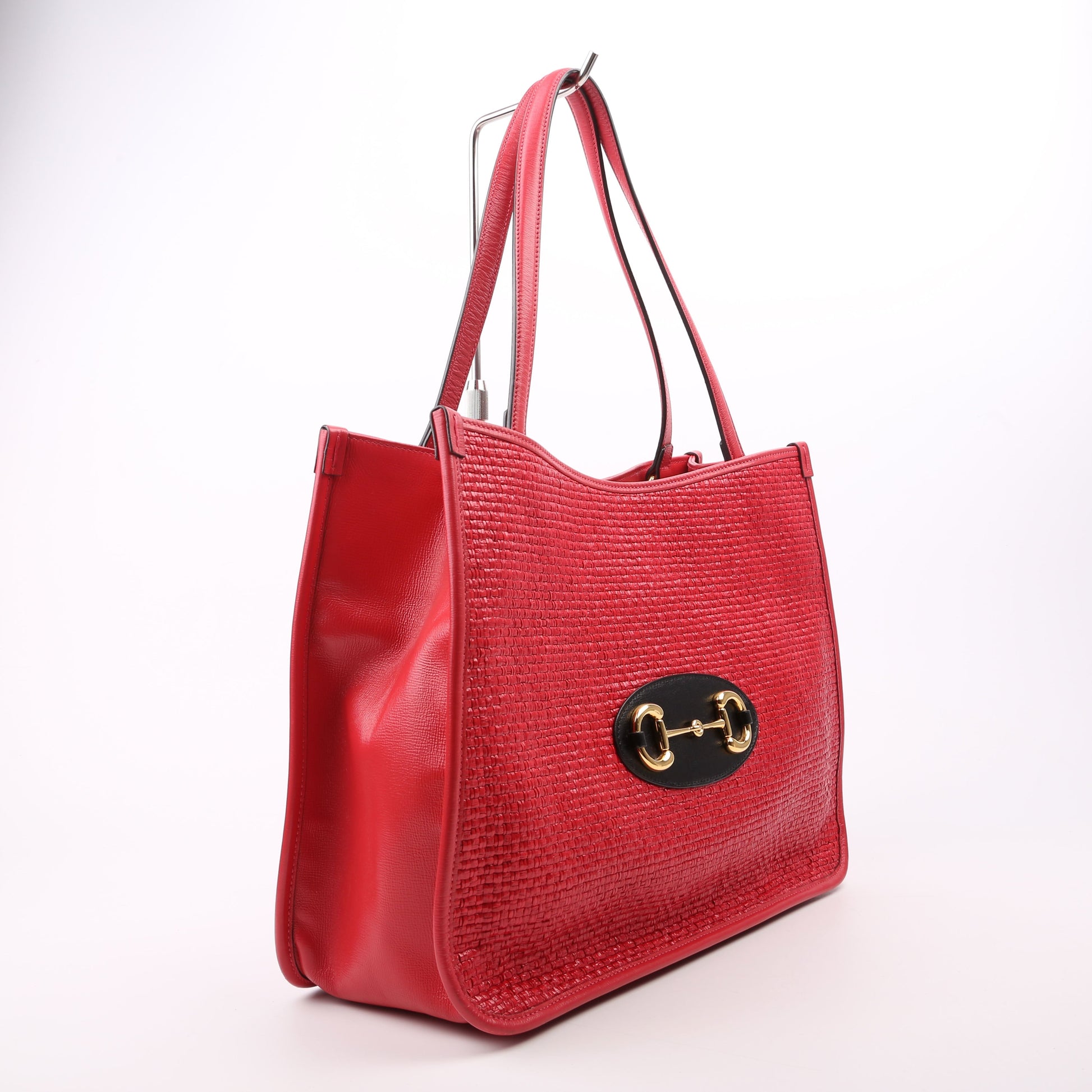 Gucci Horsebit Raffia Red Tote Bag