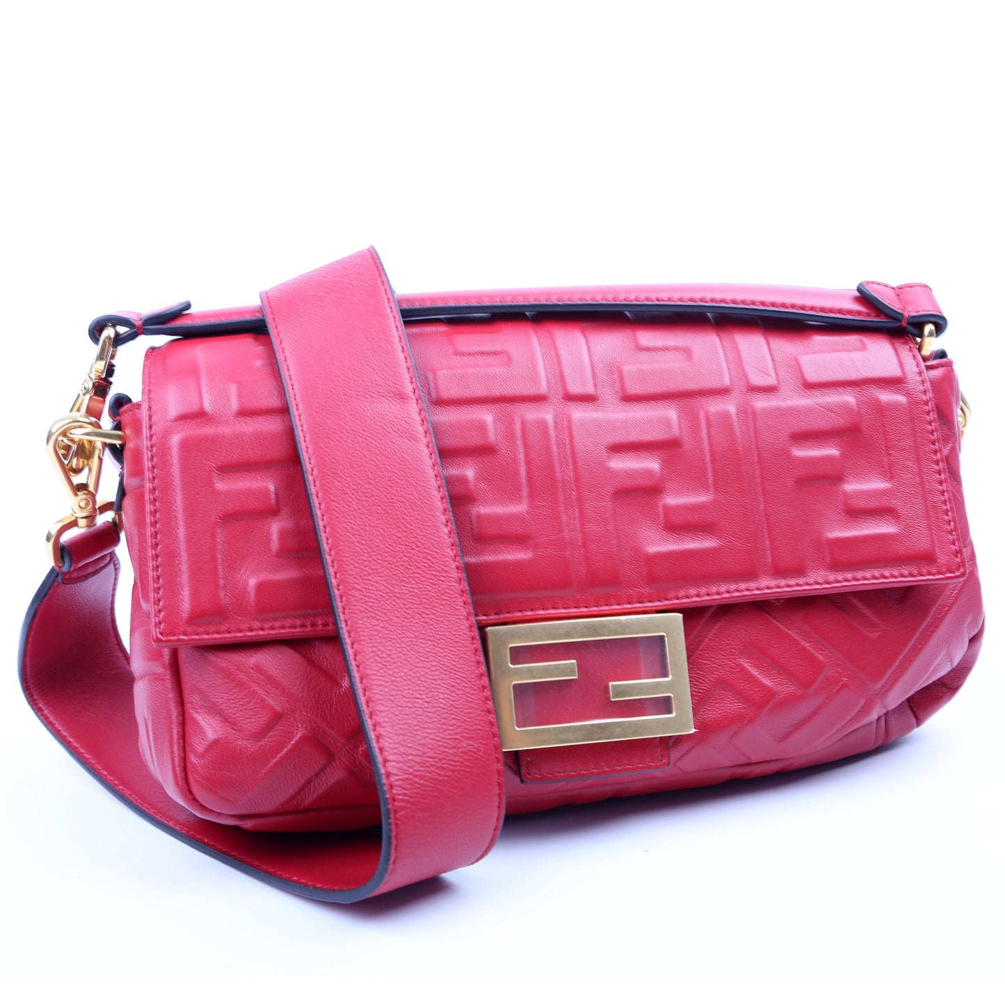 Fendi Baguette Ff Nappa Bag Red Embossed Shoulder Bag