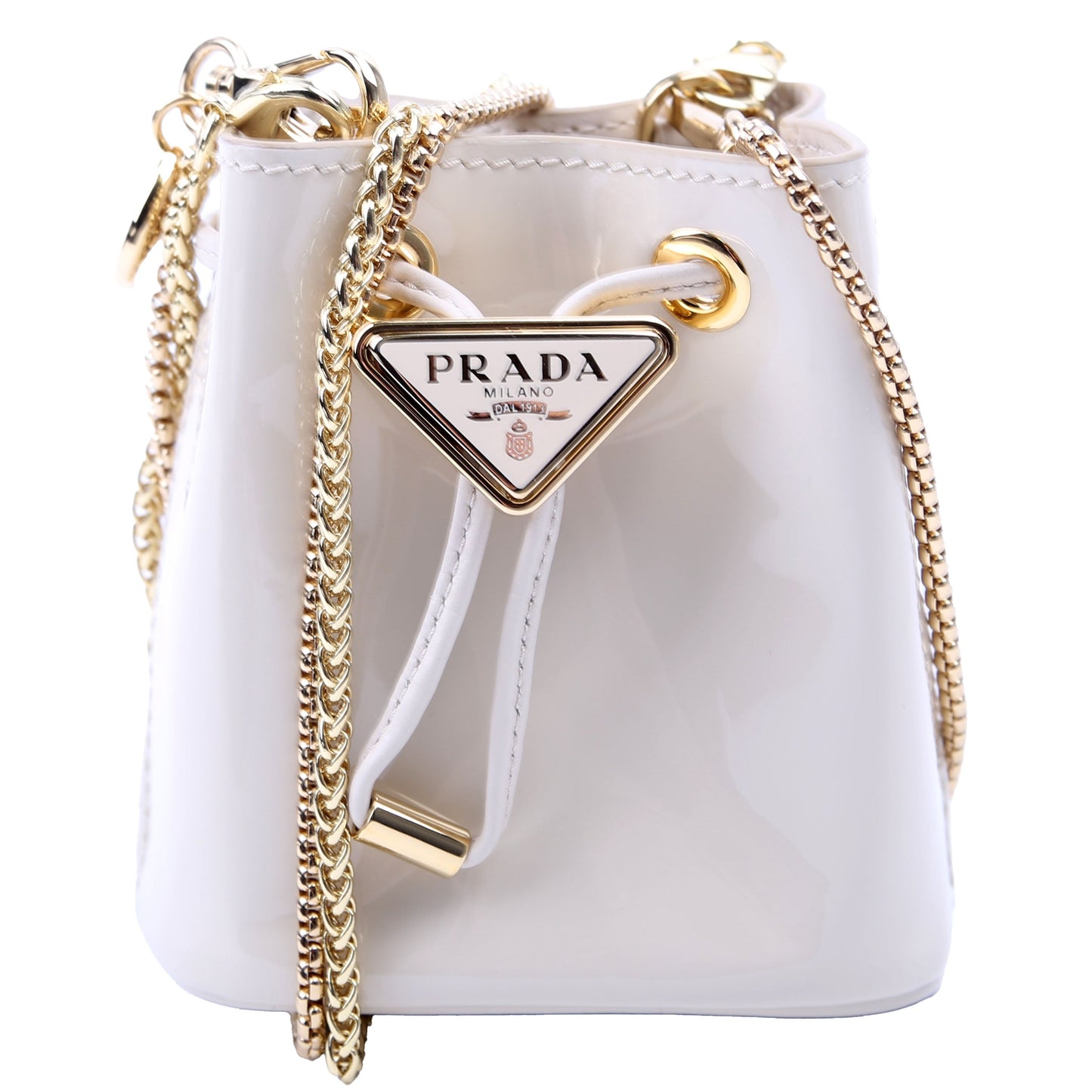 Prada Drawcord Triangle Vernice Shoulder Bag White Mini