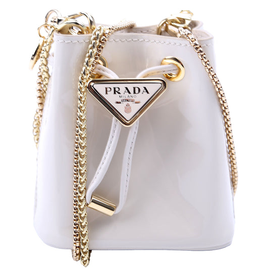 Prada Drawcord Triangle Vernice Shoulder Bag White Mini