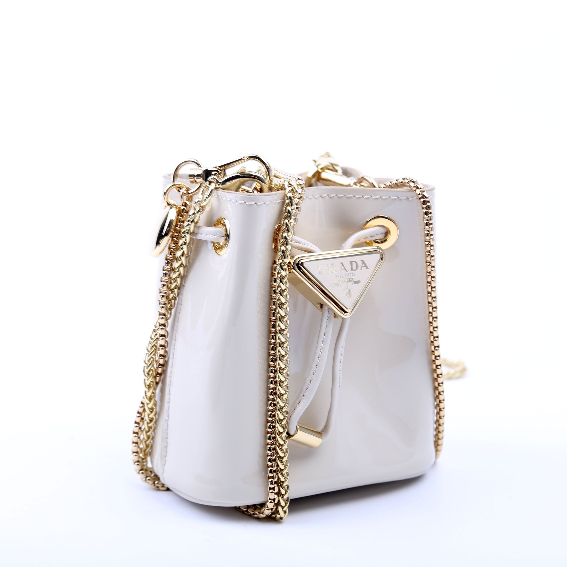 Prada Drawcord Triangle Vernice Shoulder Bag White Mini