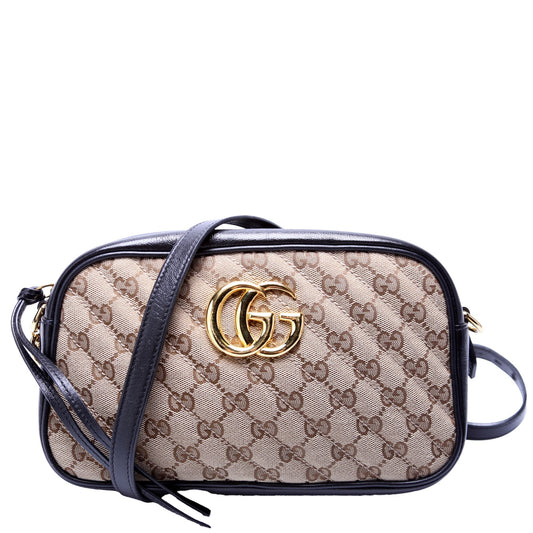 Gucci Marmont GG Camera Canvas Black Tan Small Travel Bag
