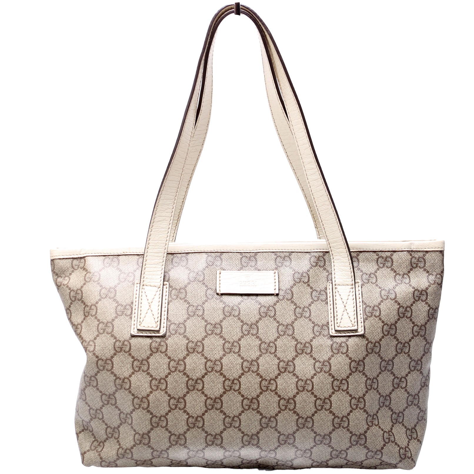 Gucci GG Supreme Zip White Tan Small Tote Bag