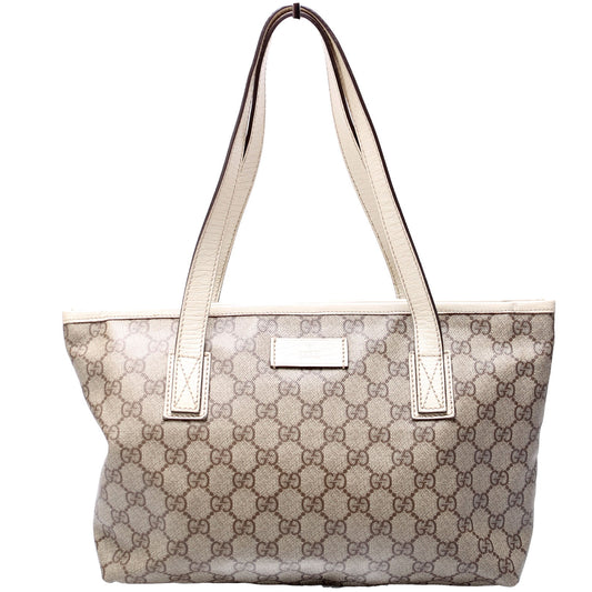Gucci GG Supreme Zip White Tan Small Tote Bag