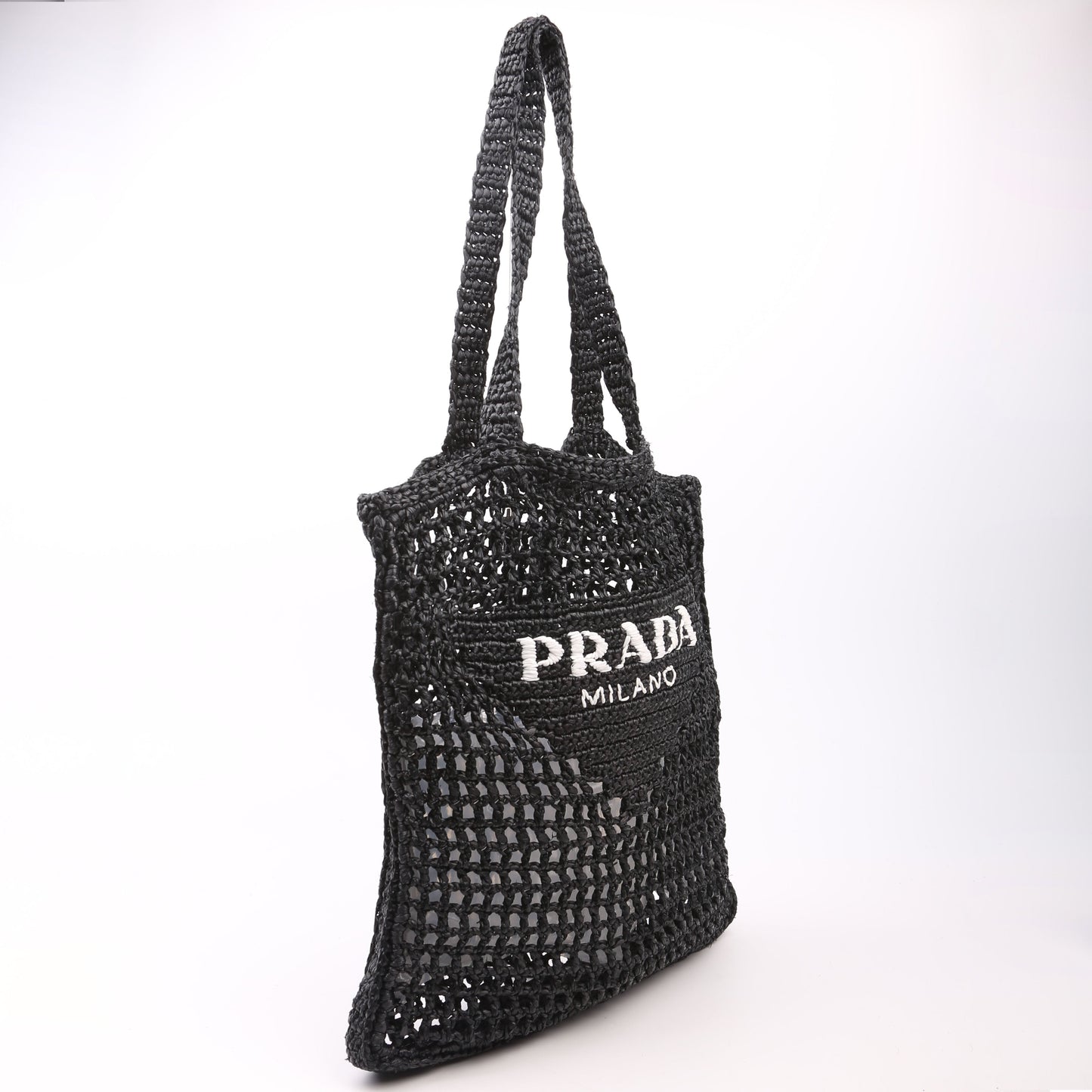 Prada Crochet Tote Bag Raffia Black