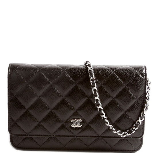 Chanel WOC Classic Quilted Caviar RFID Black Silver Clutch Bag