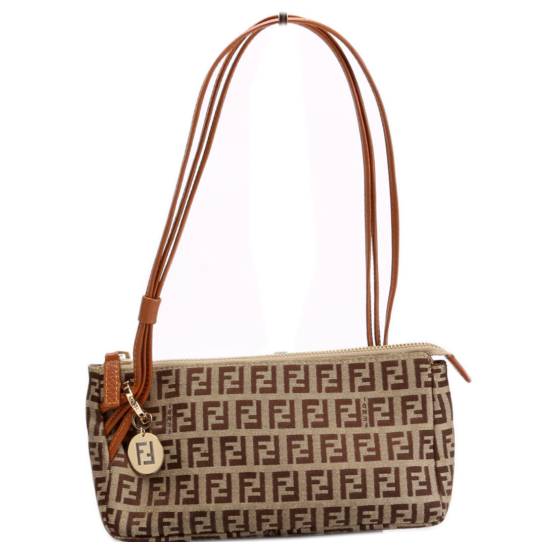 Fendi Zucchino Triple Strap Pochette Bag Brown Beige Mini Travel Bag
