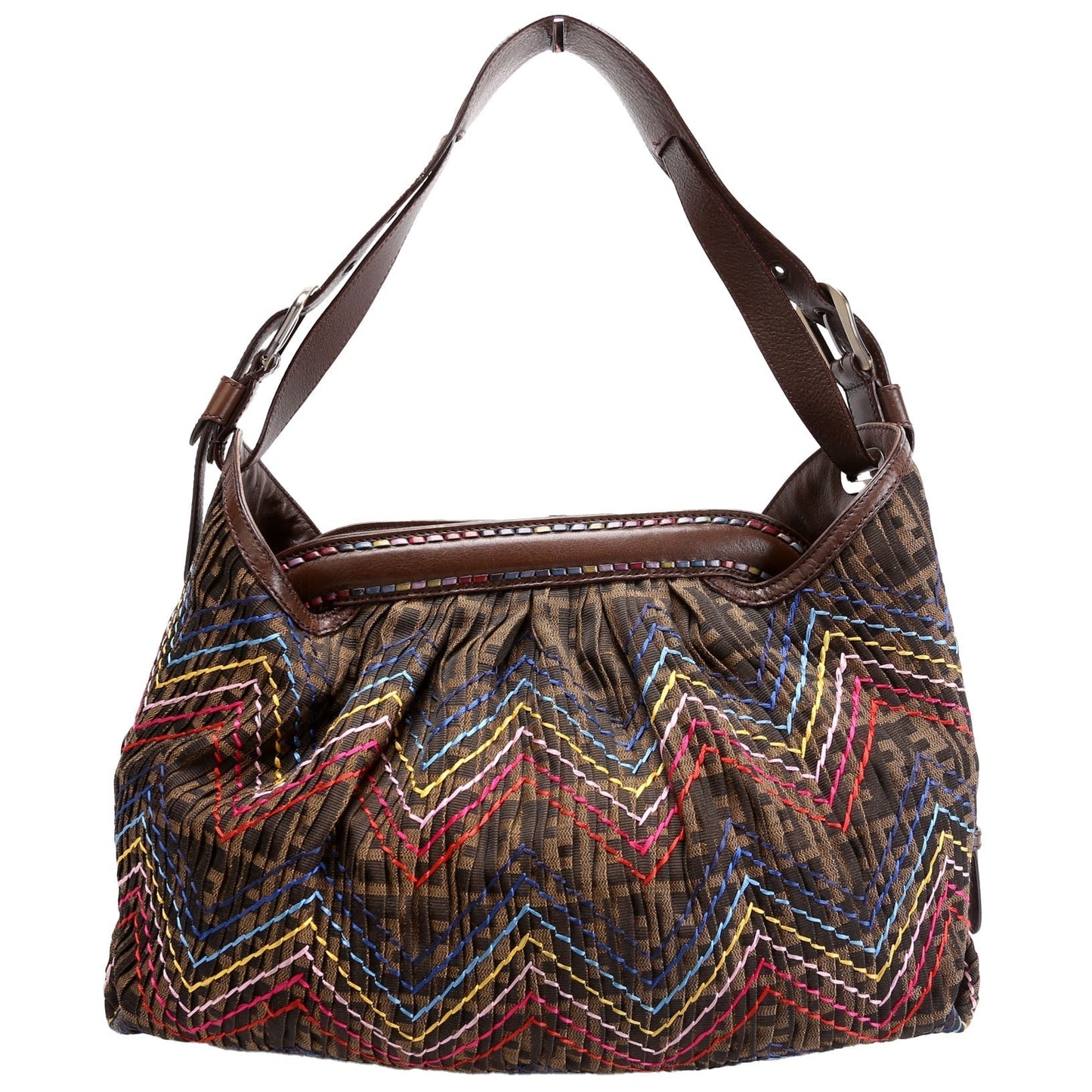 Fendi 8Br579 Pleated Zucca Doctor Hobo Bag Brown Multicolor Embroidered