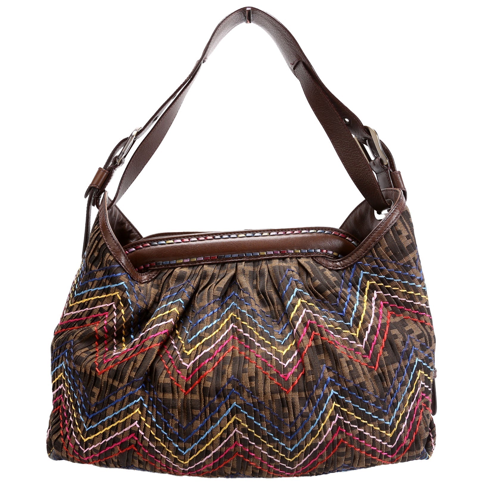 Fendi 8Br579 Pleated Zucca Doctor Hobo Bag Brown Multicolor Embroidered