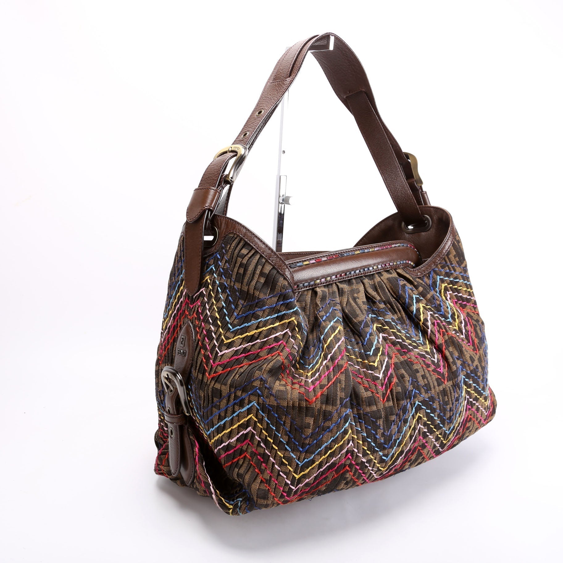 Fendi 8Br579 Pleated Zucca Doctor Hobo Bag Brown Multicolor Embroidered
