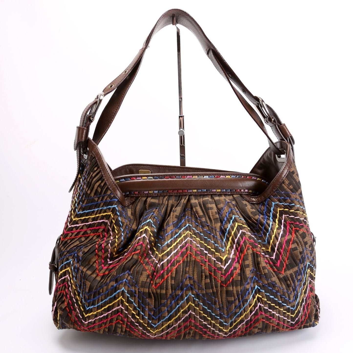Fendi 8Br579 Pleated Zucca Doctor Hobo Bag Brown Multicolor Embroidered