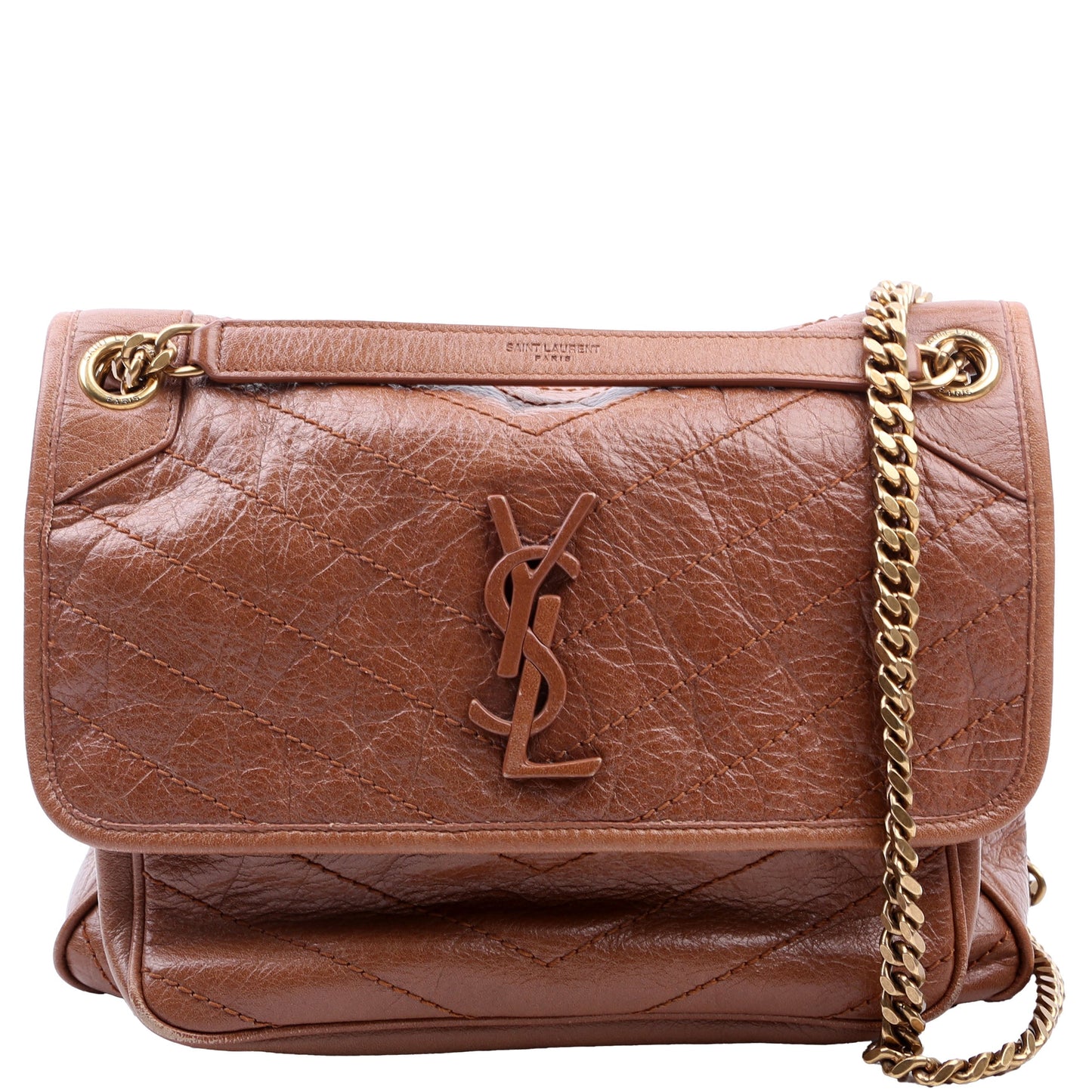 YSL Saint Laurent Niki Crinkle Bag Leather Brown Medium Travel Bag
