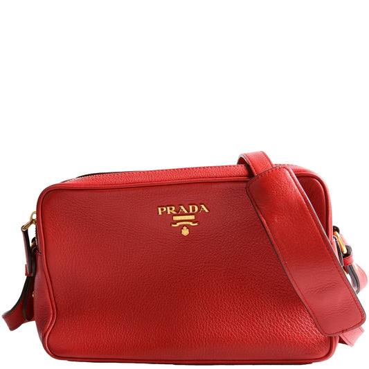 Prada Vitello Daino Double Zip Camera Bag Red Gold Travel Bag