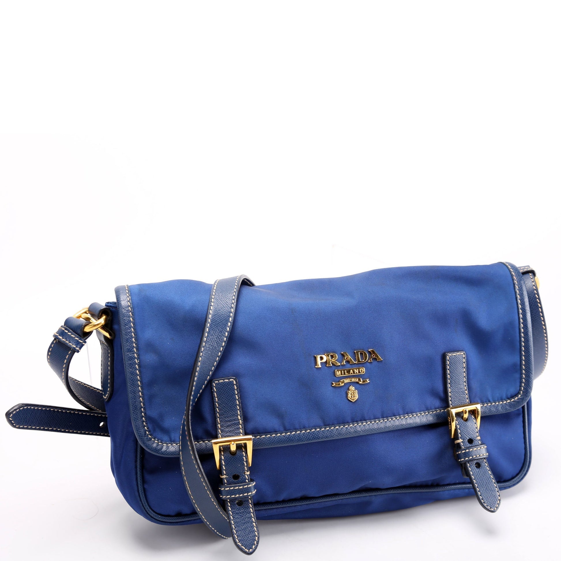 Prada Tessuto Saffiano Buckle Messenger Bag Nylon Blue Travel Bag