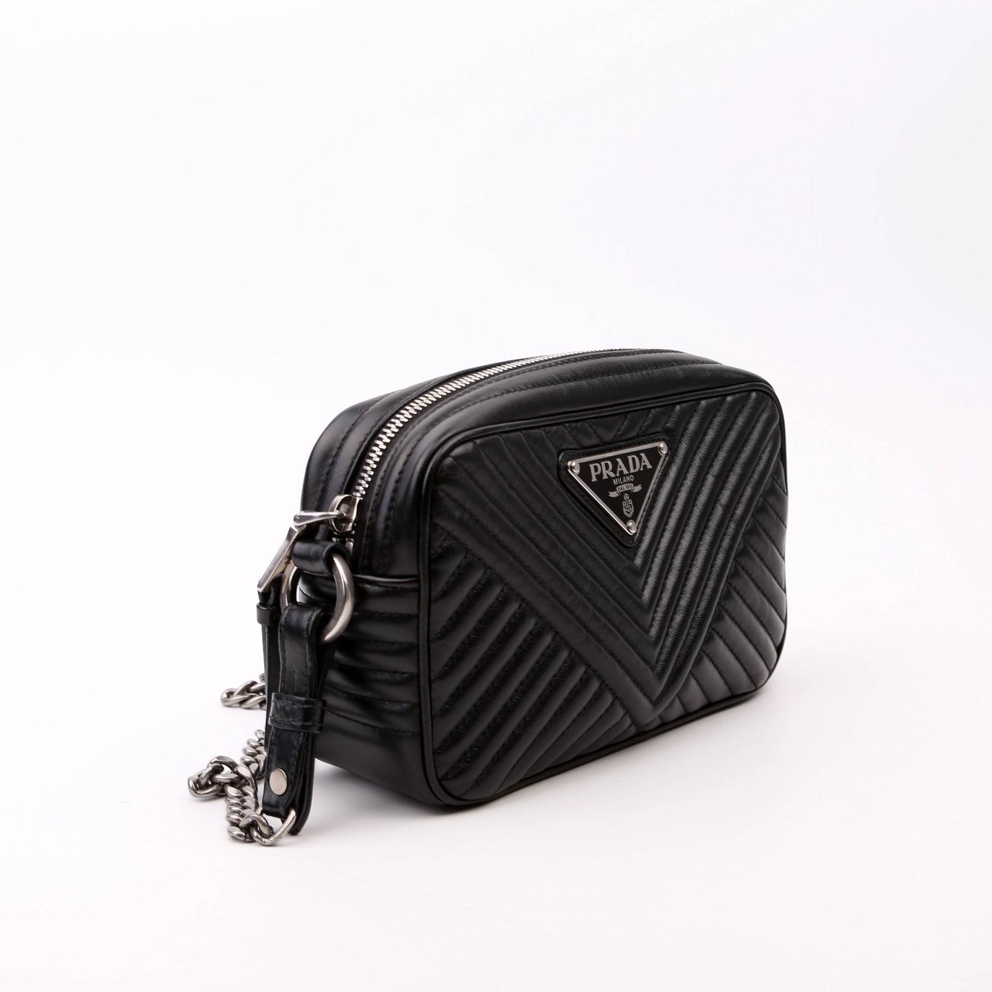 Prada Diagramme Camera Soft Calfskin Impunture Bag Black Travel Bag