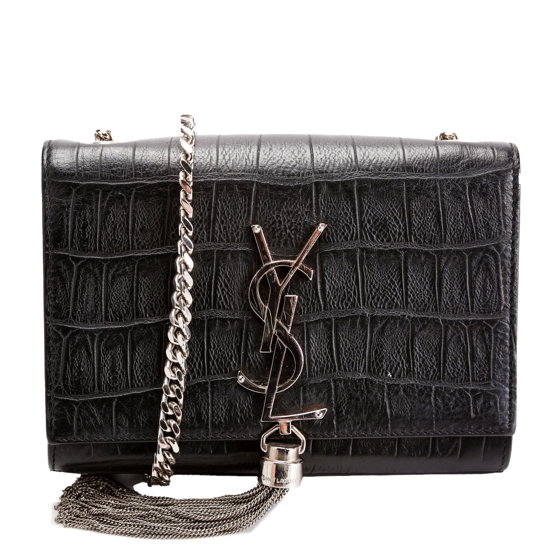 YSL Saint Laurent Kate Tassel Crocodile Embossed Bag Black Small Travel Bag