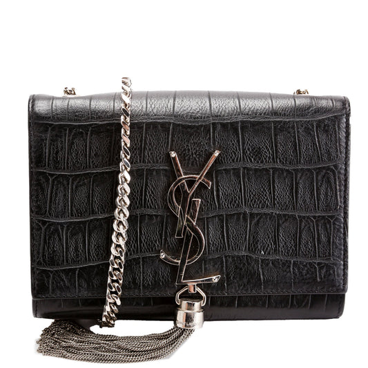 YSL Saint Laurent Kate Tassel Crocodile Embossed Bag Black Small Travel Bag