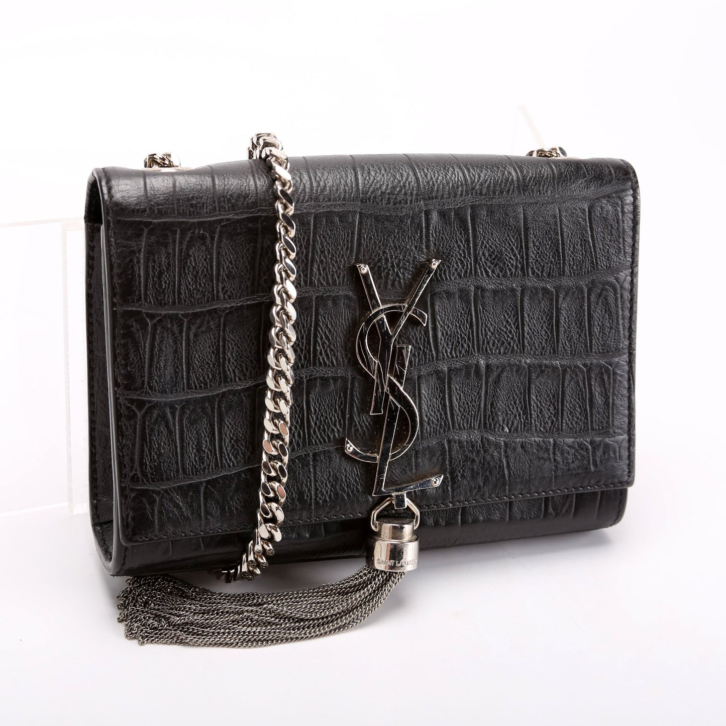 YSL Saint Laurent Kate Tassel Crocodile Embossed Bag Black Small Travel Bag