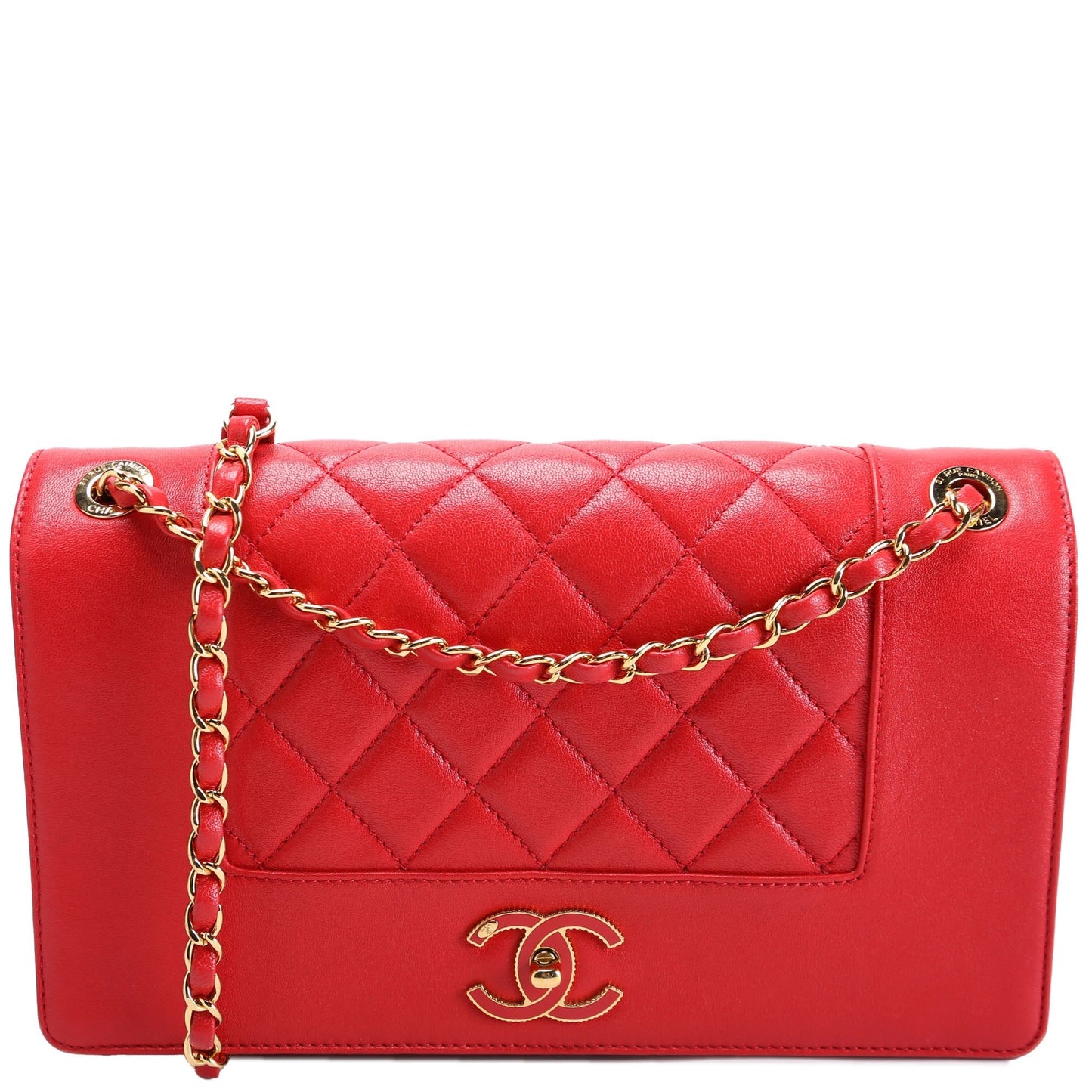 Chanel Mademoiselle Flap Quilted Shiny Sheepskin Red Gold Handbag