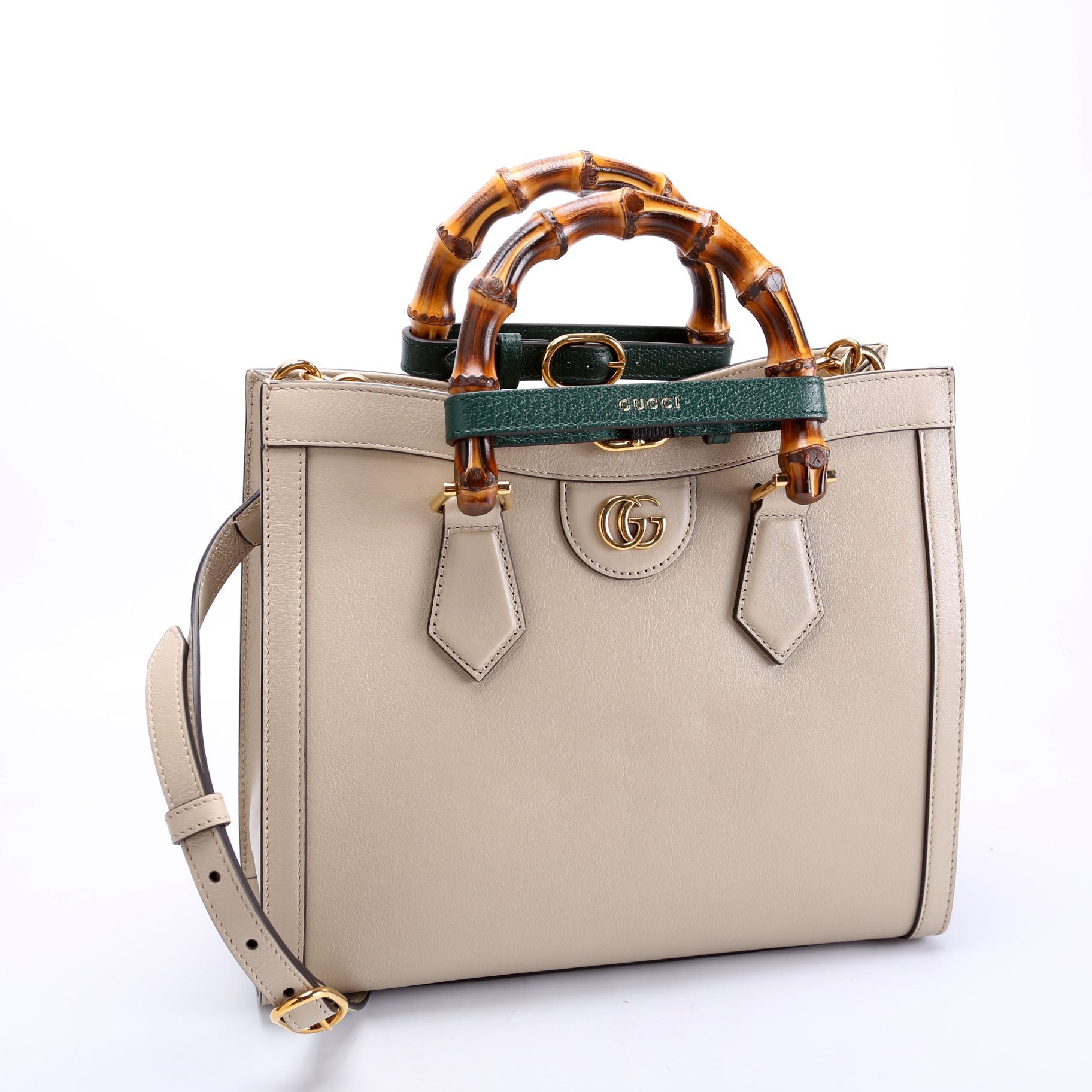 Gucci Diana Taupe Leather Green Small Tote Bag