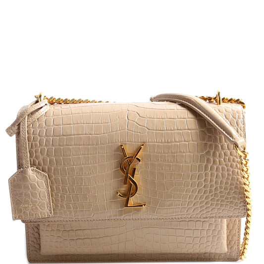 YSL Saint Laurent Sunset Crocodile Embossed Nude Bag Medium Travel Bag