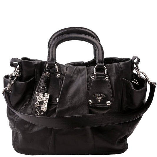 Prada Pleated Soft Calfskin Satchel Bag Black Travel Bag