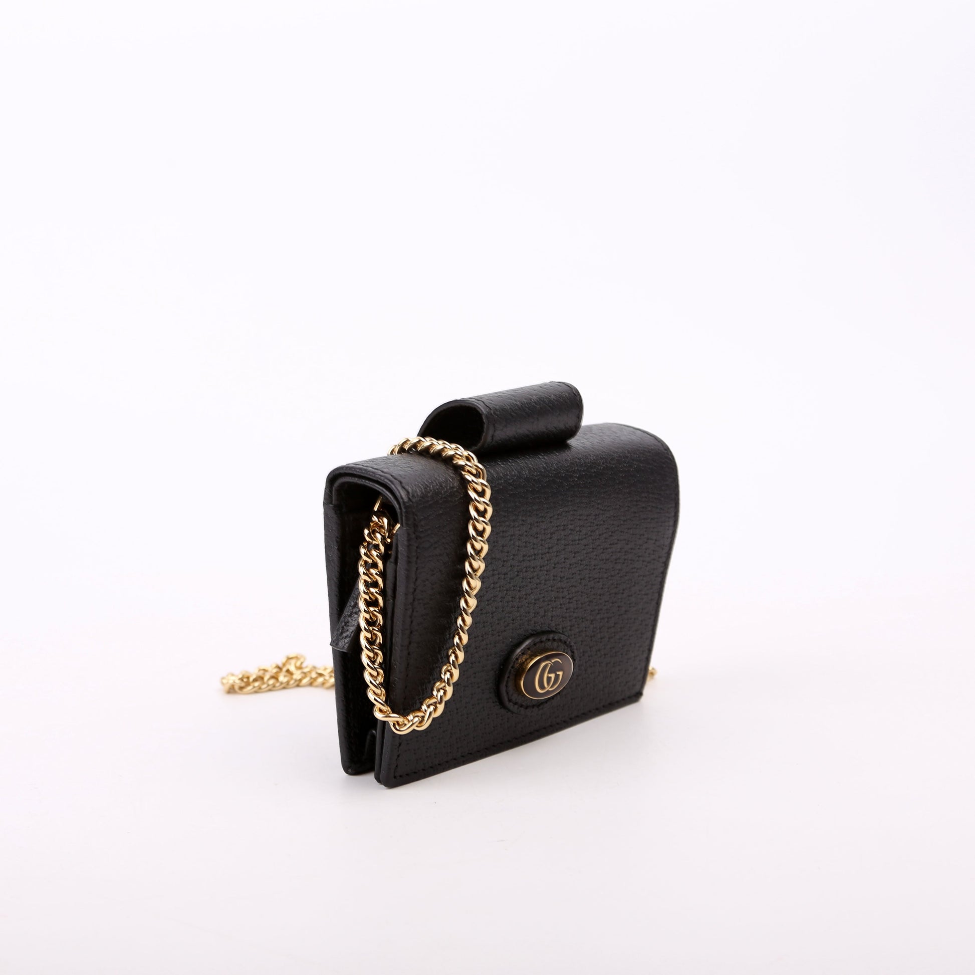 Gucci GG Enamel Lipstick Holder Calfskin Black Chain Wallet Case