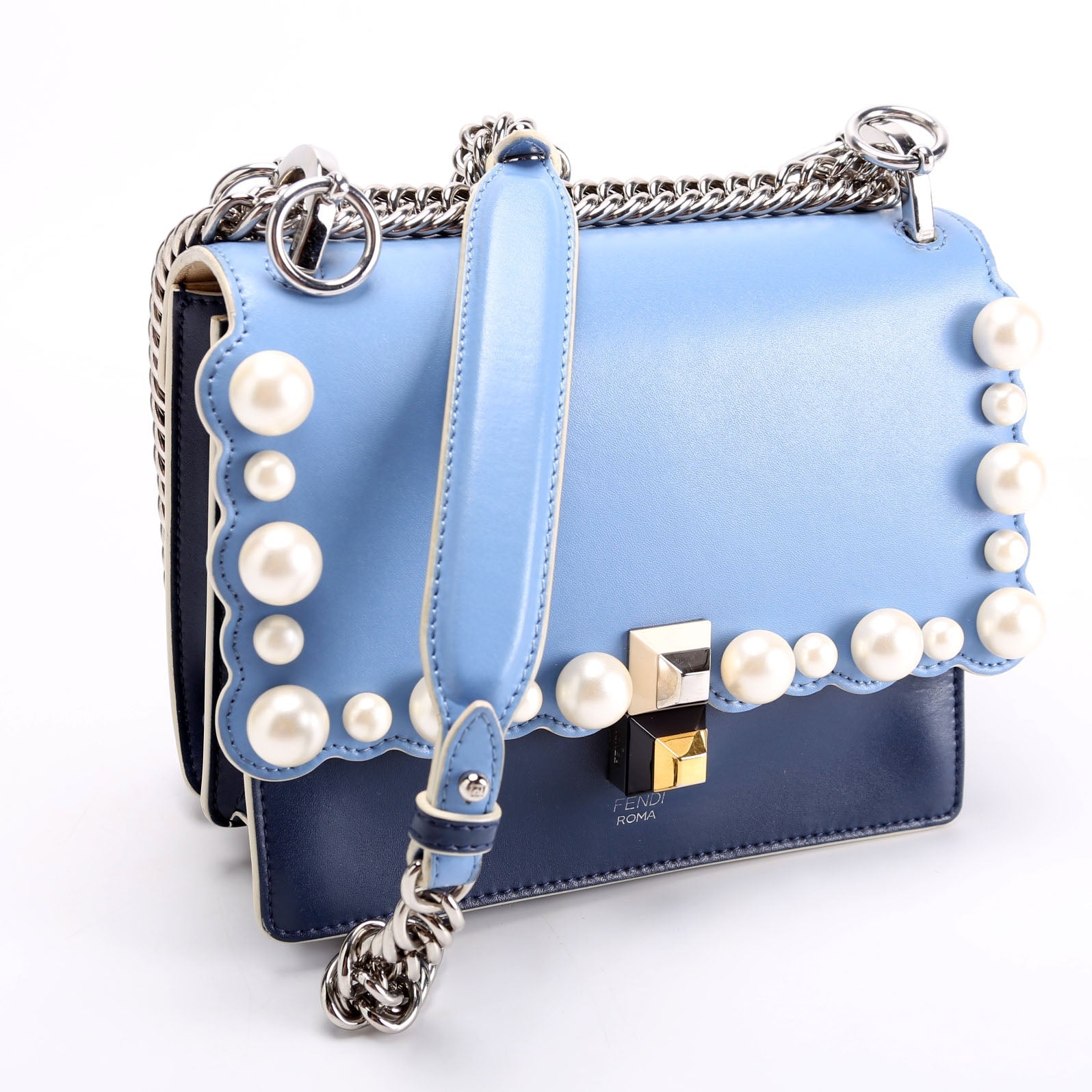 Fendi 8M0381 Kan Scalloped Pearls Bag Leather Blue Small Travel Bag