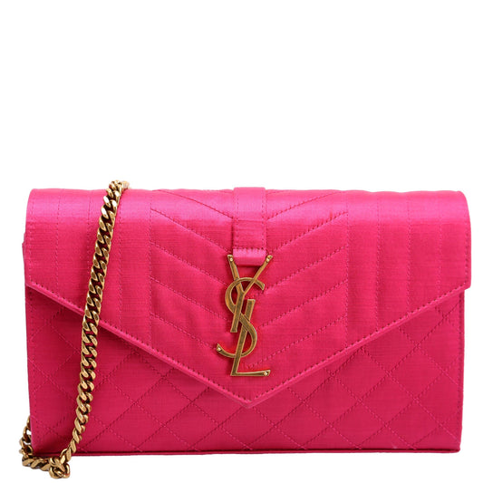 YSL Saint Laurent Triquilt Chain Wallet Bag Satin Pink Travel Bag