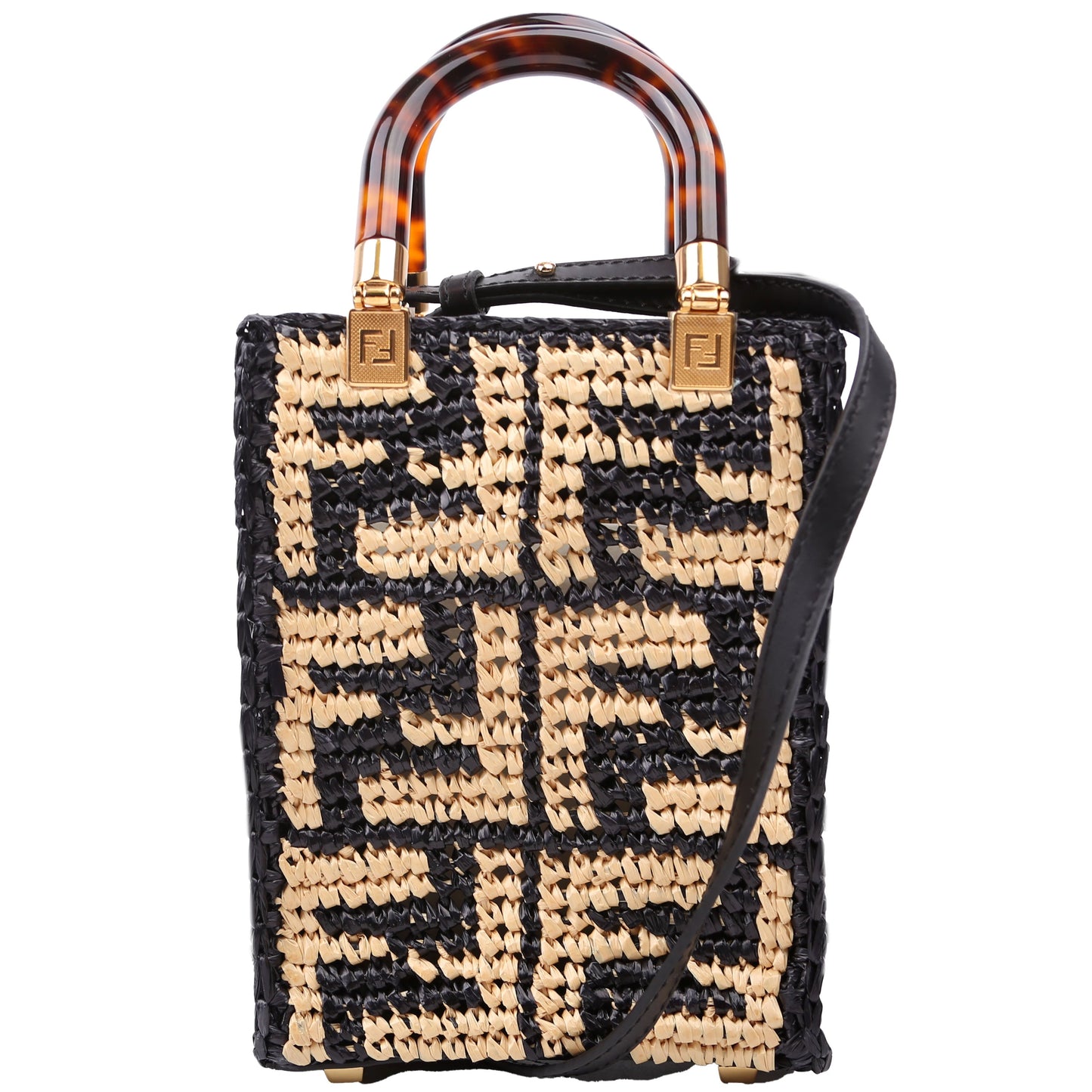 Fendi 8Bs051 Sunshine Shopper Bag Raffia Black Tan Travel Bag