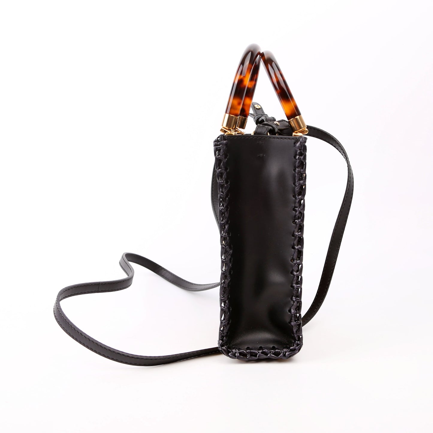 Fendi 8Bs051 Sunshine Shopper Bag Raffia Black Tan Travel Bag