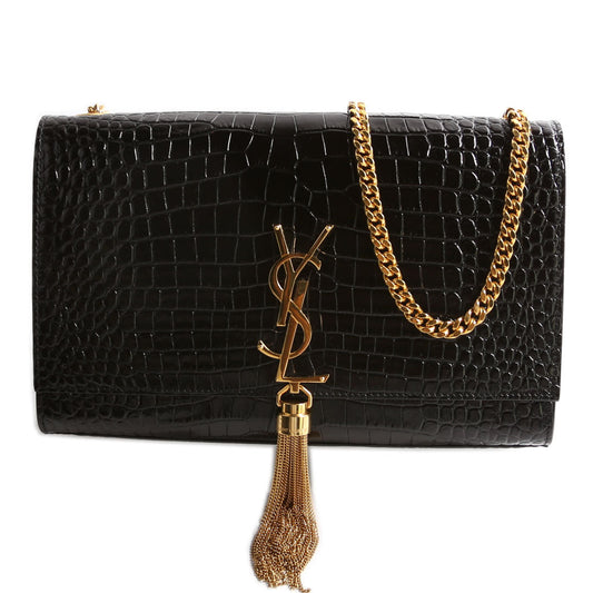 YSL Saint Laurent Saint Laurent Kate Tassel Satchel Crocodile Embossed Black Medium Travel Bag