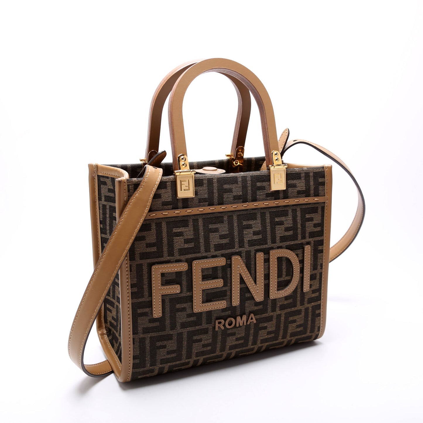 Fendi 8Bh394 Sunshine Shopper Ff Bag Canvas Brown Small Travel Bag