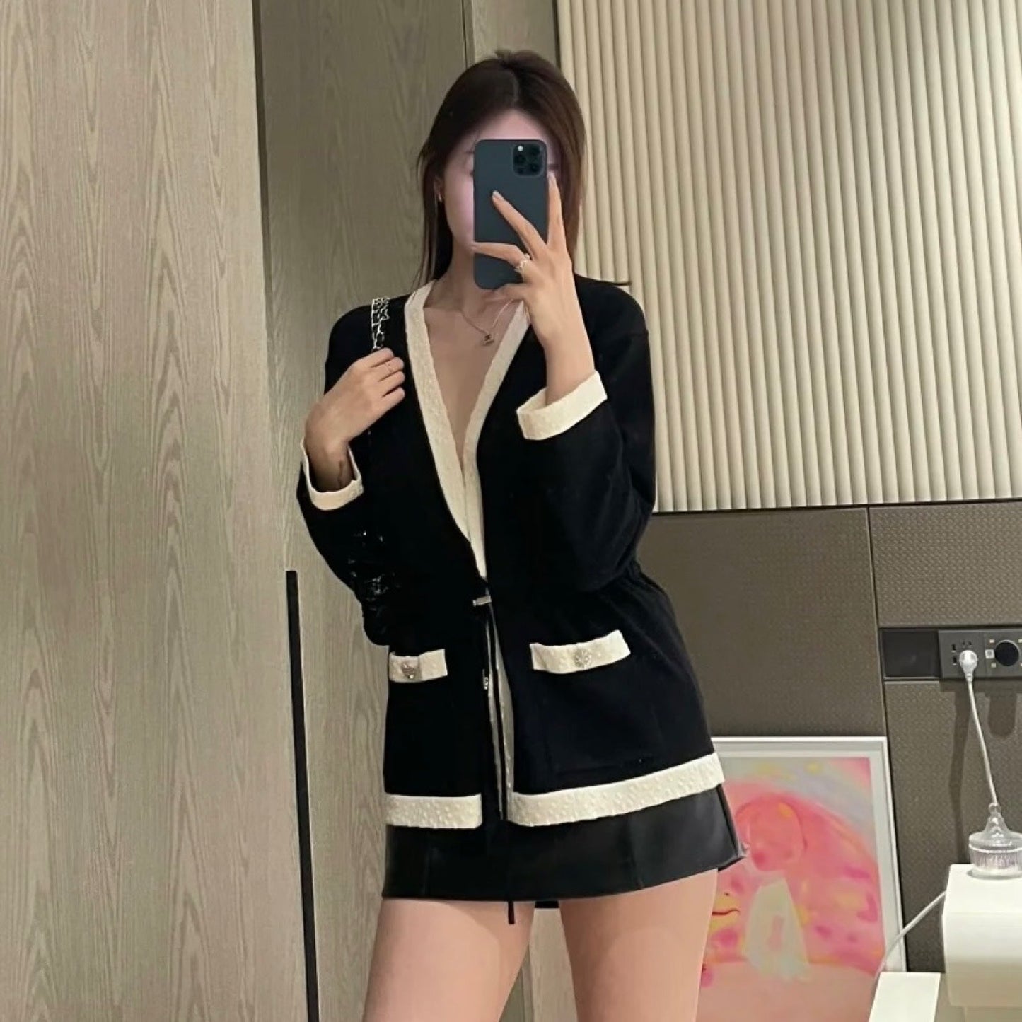 Chanel Cardigan in Black and Ecru Mixed Fibers Sz 38 (Model: ) Apparel
