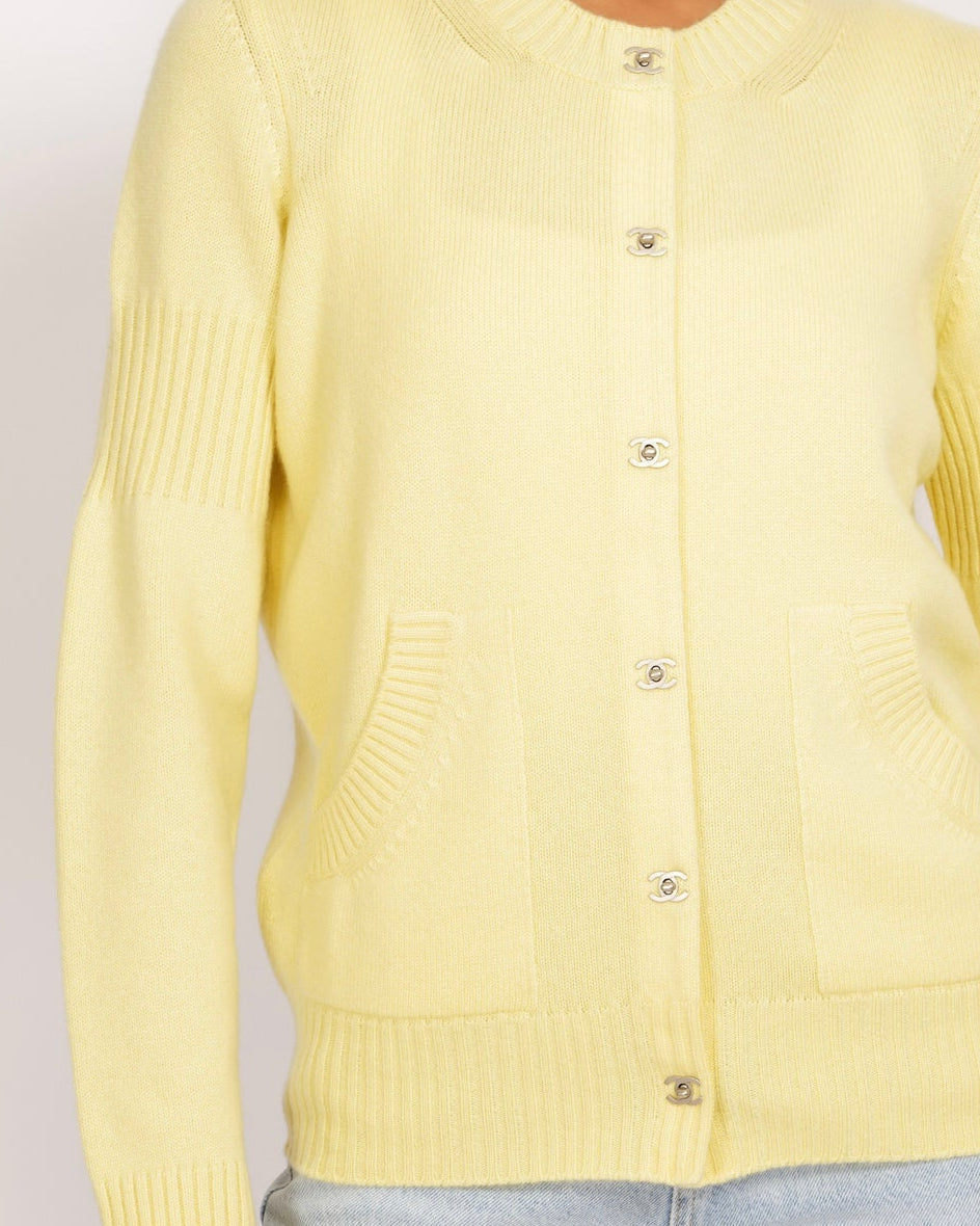 Chanel Yellow Cashmere Cardigan with Silver CC Logo Buttons Size FR 38 (UK 10) Apparel