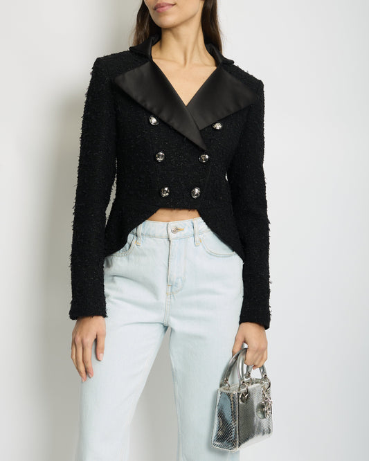 Chanel *HOT* 19/K Black Metallic Tweed Cropped Blazer with Satin Collar and Snowflake Buttons Details Size FR 38 (UK 10) RRP £5,800 Accessory