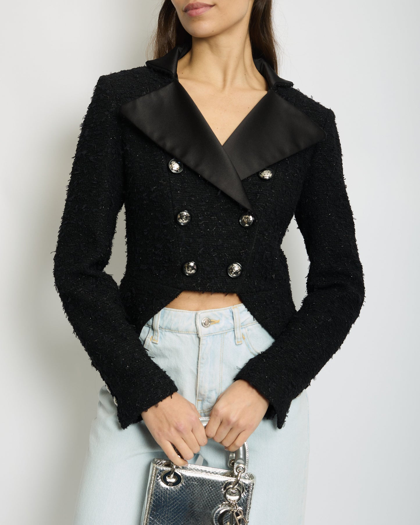 Chanel *HOT* 19/K Black Metallic Tweed Cropped Blazer with Satin Collar and Snowflake Buttons Details Size FR 38 (UK 10) RRP £5,800 Accessory