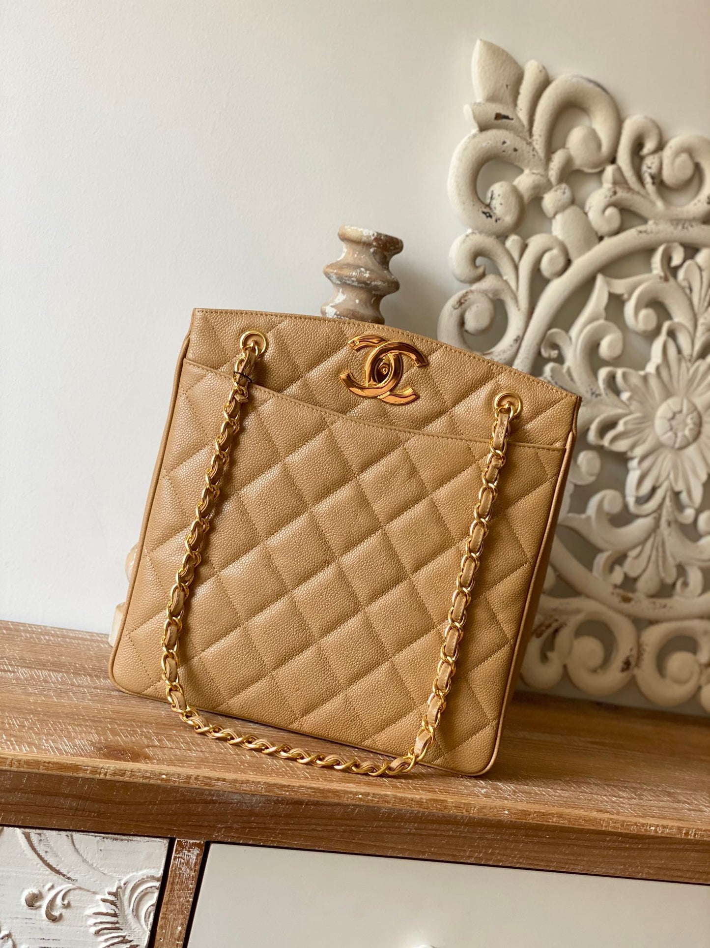Chanel Caviar Tote Bag For Women Quilted Beige