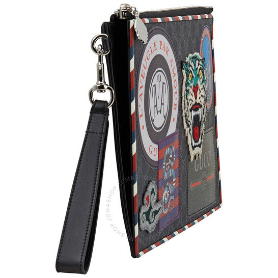 Gucci Night Courrier Wrist Pouch GG Supreme Canvas Black Grey Clutch Bag