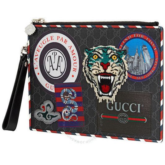 Gucci Night Courrier Wrist Pouch GG Supreme Canvas Black Grey Clutch Bag
