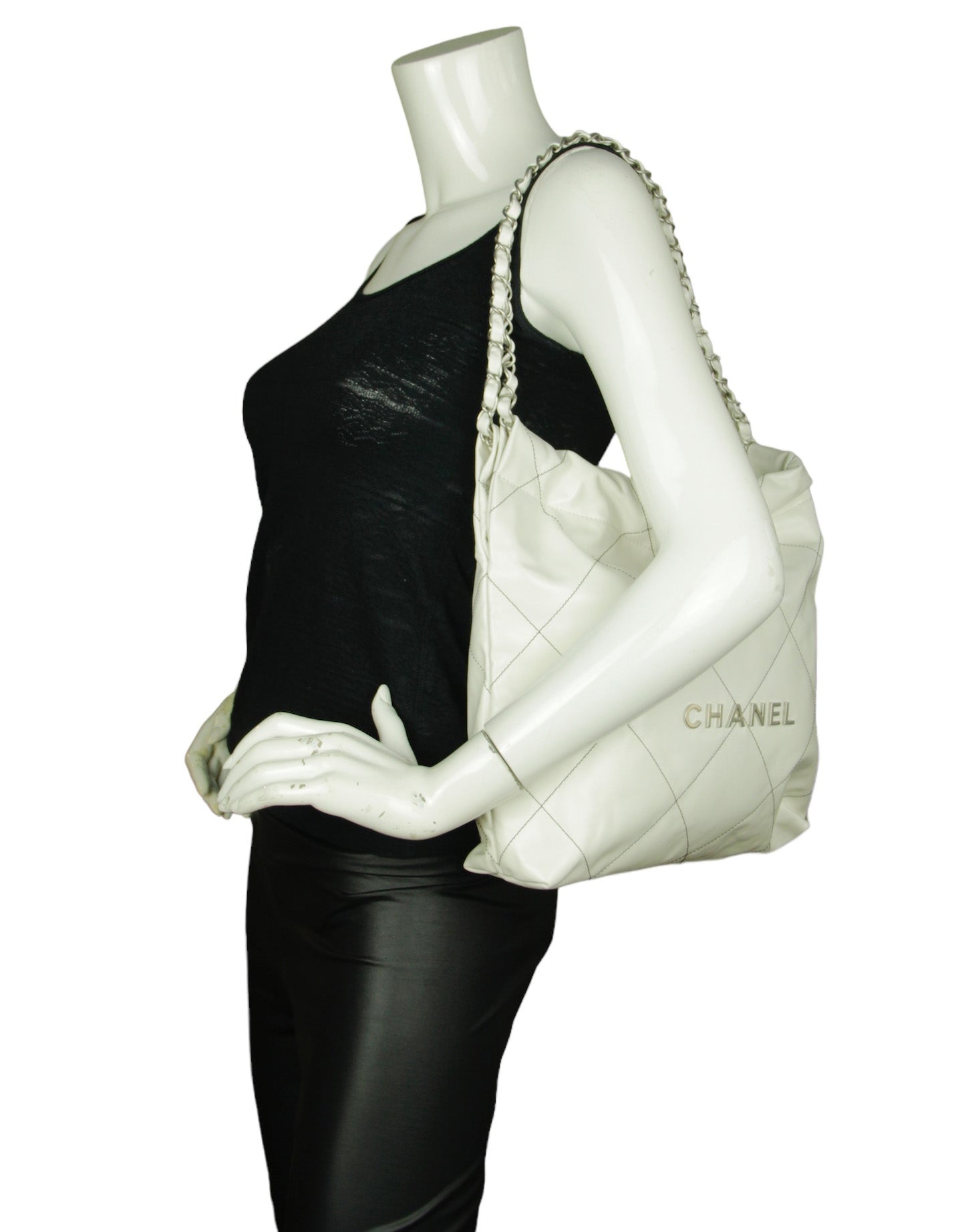 Chanel White Leather Quilted 22 Tote Bag