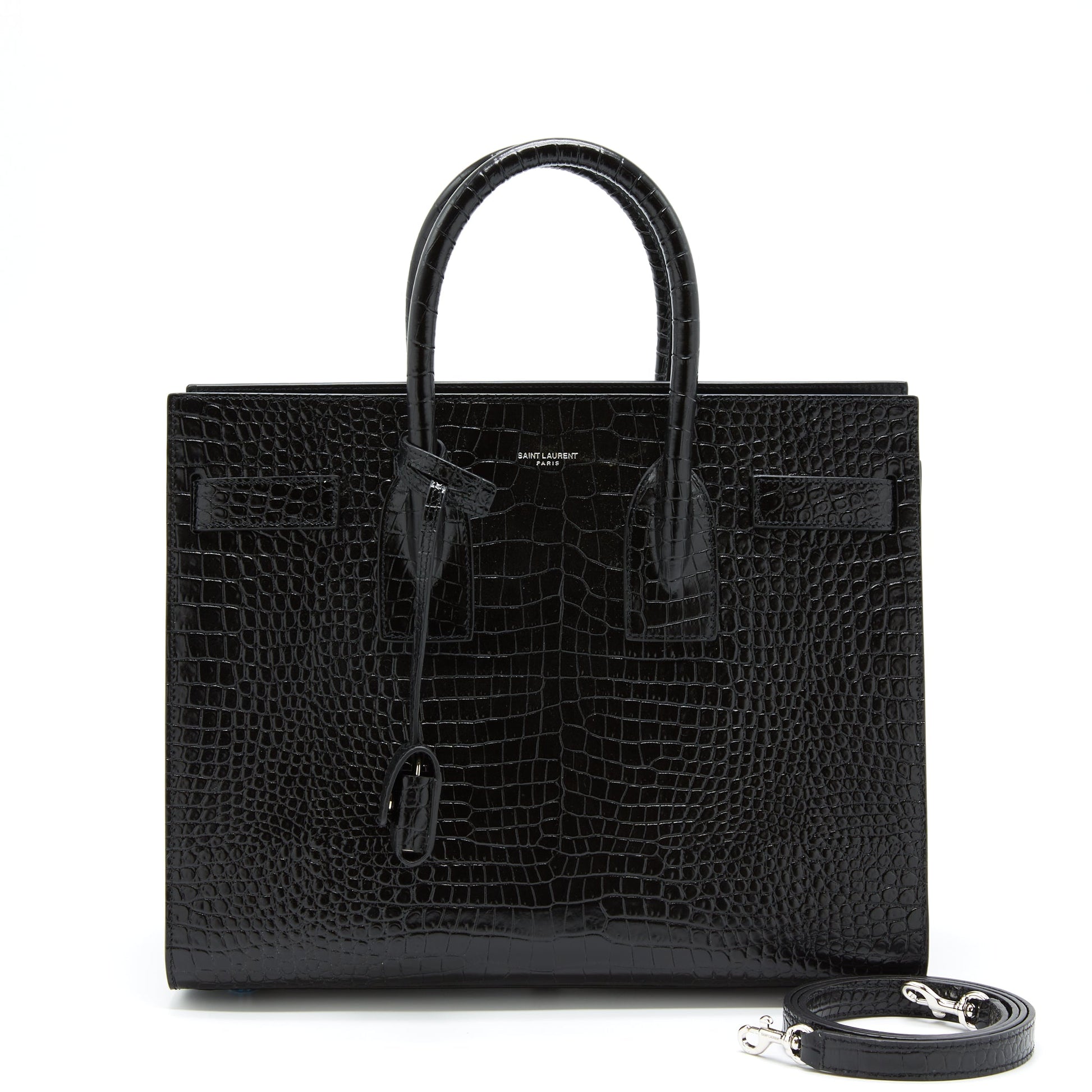YSL Saint Laurent Sac De Jour Crocodile Embossed Travel Bag Black