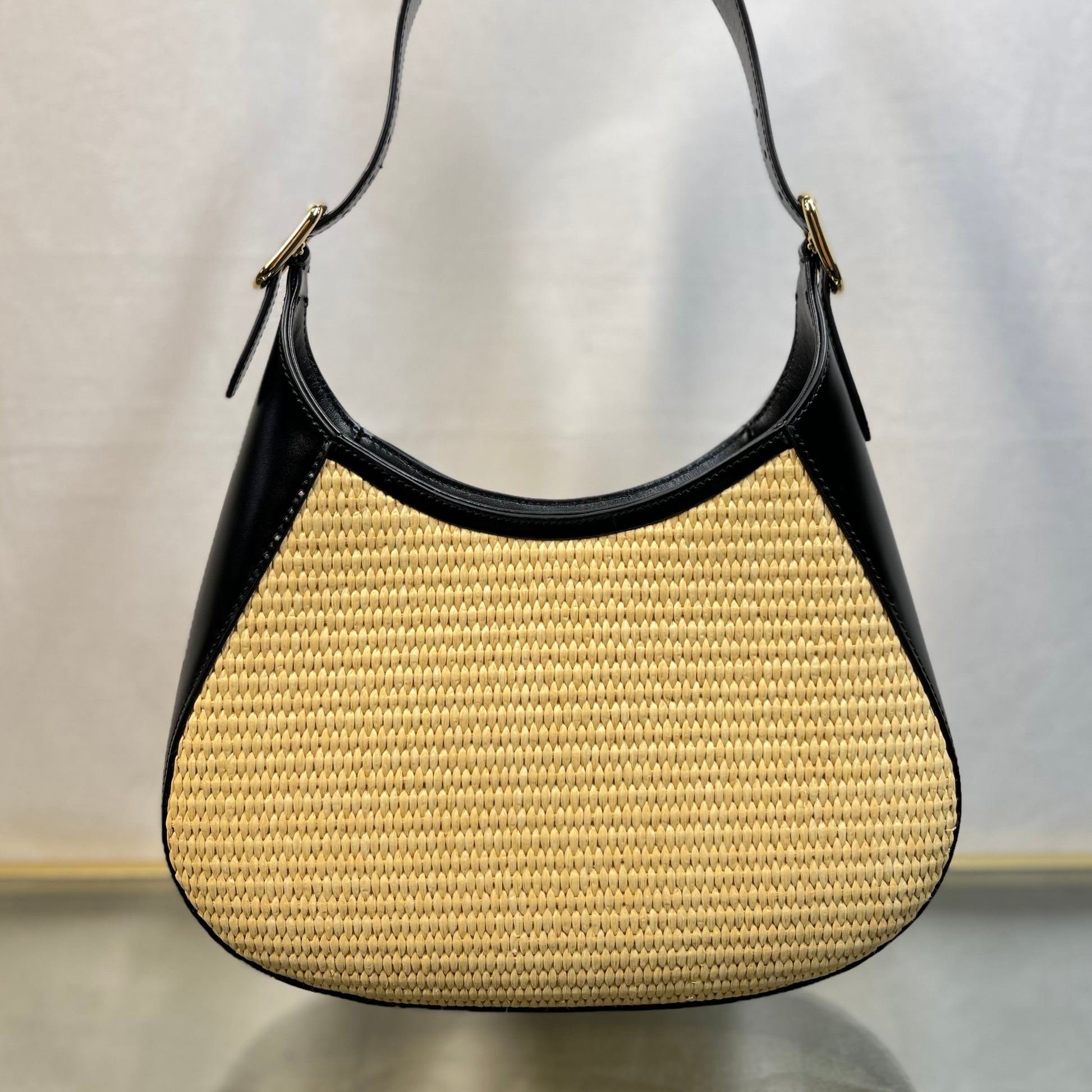 Prada Natural Calfskin Shoulder Bags Leather Raffia Black